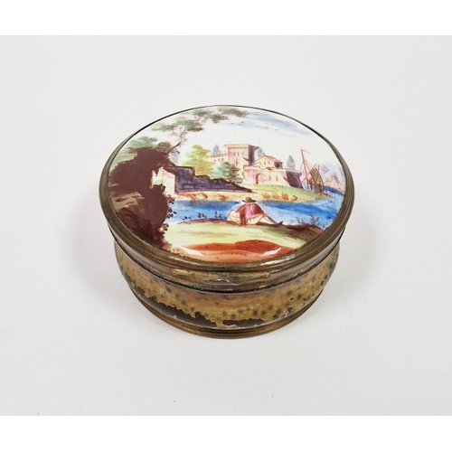 174 - Staffordshire enamel and gilt-metal mounted snuff-box, 18th century, the cover decorated in the Germ... 