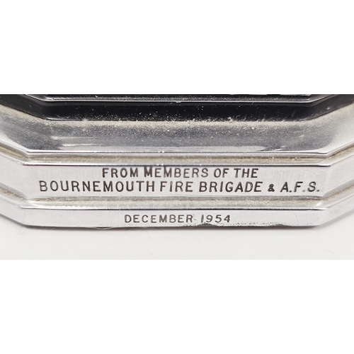 202 - Mid century Ronson Touch-Tip table lighter, the black and chromed case with presentation inscription... 