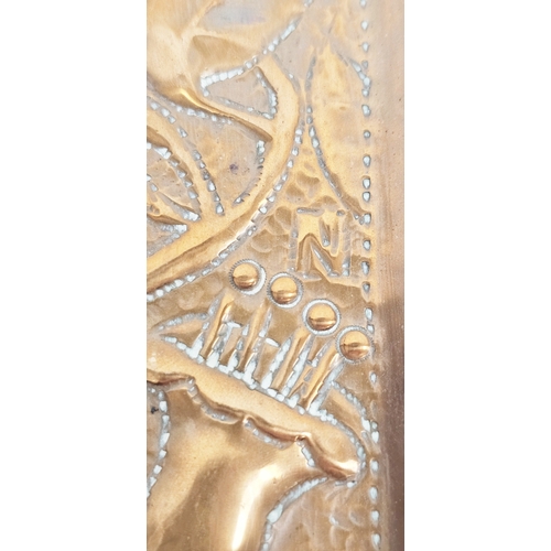 204 - Arts and Crafts copper small tray with repousse decoration of flowers, leaves and the initial N (pos... 