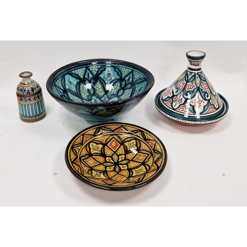 23 - Group of contemporary Moroccan pottery including a tagine dish and conical cover, a turquoise glazed... 