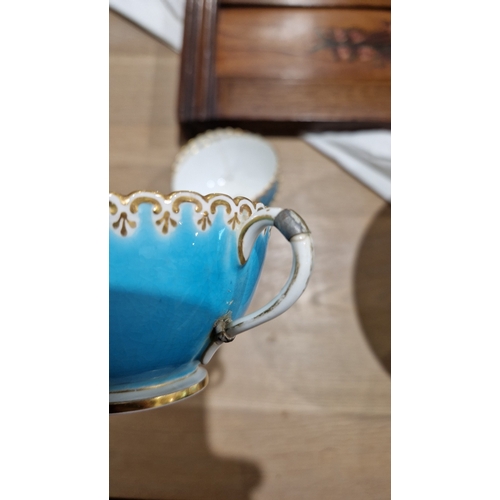 29 - English porcelain turquoise ground composite part tea and dessert service in the Minton style, impre... 