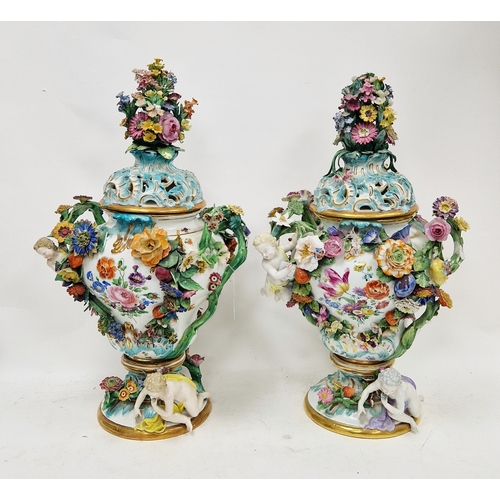 36 - Pair of large Meissen flower-encrusted pot pourri vases and covers,  circa 1880, blue crossed swords... 