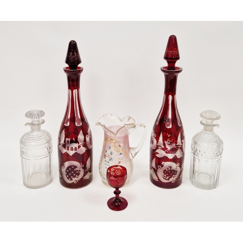 56 - Pair of 19th century Bohemian ruby flashed and engraved decanters and stoppers, decorated with stag,... 