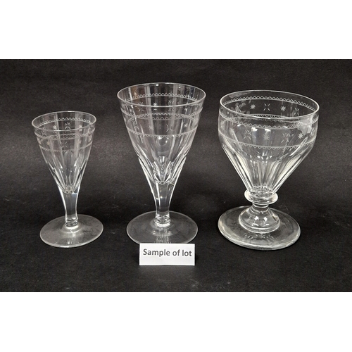 60 - Regency-style etched glass part table service, 20th century, etched and engraved with a band of star... 