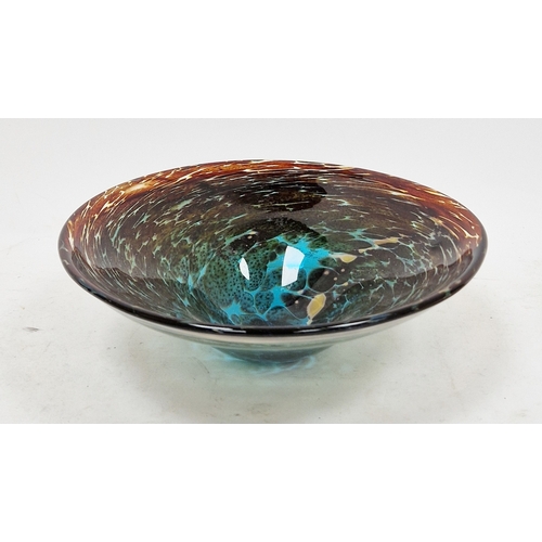 101 - Mdina glass bowl with mottled blue, yellow and brown swirl colourway, signed to base, diameter 25cm