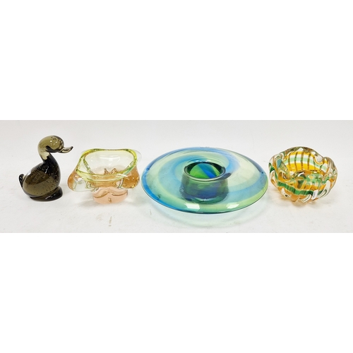 105 - Whitefriars glass 'Dilly Duck' in green colourway with controlled bubbles, 13cm high, a glass bowl b... 