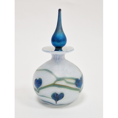 107 - Okra art glass perfume bottle and stopper with iridescent leaf and vine decoration on iridescent whi... 