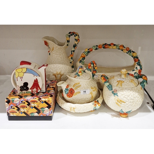 16 - Collection of Clarice Cliff Celtic Harvest pattern wares, printed green Newport Pottery marks, mould... 