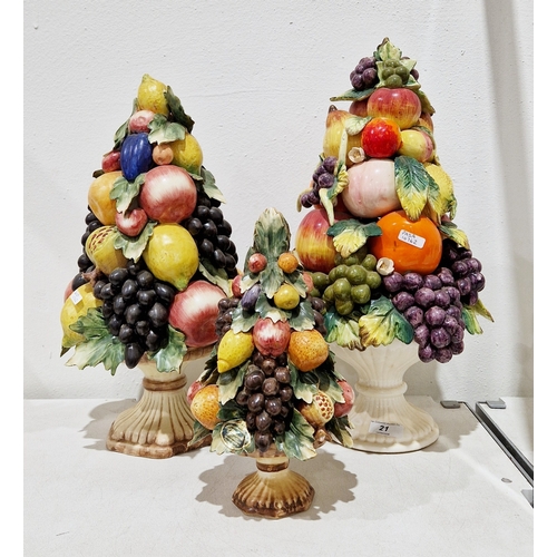 21 - Three Italian pottery trompe l'oeil tazzas of fruit, 20th century, printed and impressed marks, comp... 