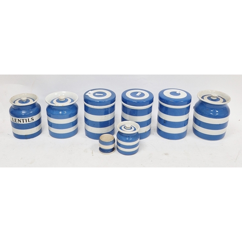 29 - Group of TG Green Cornishware storage jars and covers in sizes, printed green marks, mid-20th centur... 