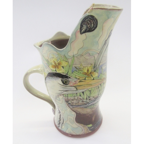 3 - Maureen Minchin, pottery heron jug, decorated with fish, otter, swan and heron, incised mark to base... 