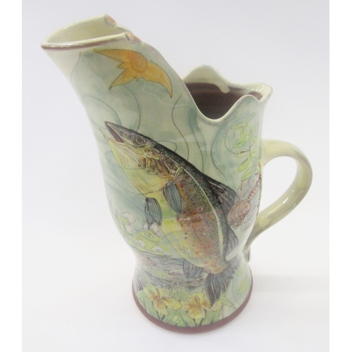 3 - Maureen Minchin, pottery heron jug, decorated with fish, otter, swan and heron, incised mark to base... 