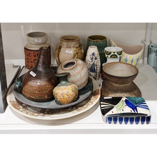 31 - Group of studio pottery and other items, including a Poole pottery freeform vase in the bamboo patte... 