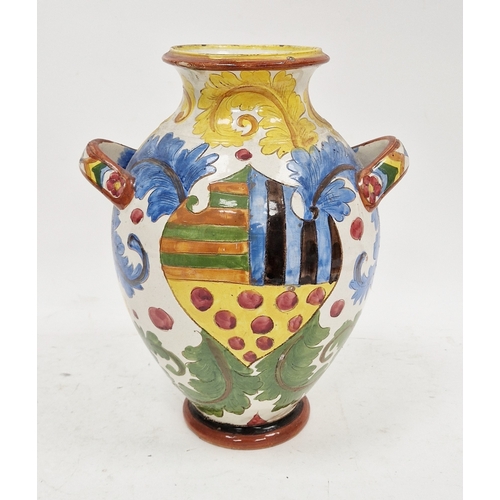 37 - Italian majolica armorial two-handled oviform jar, 20th century, incised Italy/759 ASSI(?), incised ... 