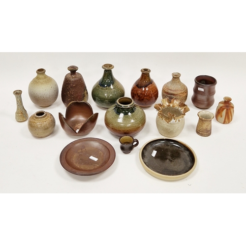 43 - Six various studio pottery bottle-shaped vases in various shades of green, brown and beige, Milbrook... 