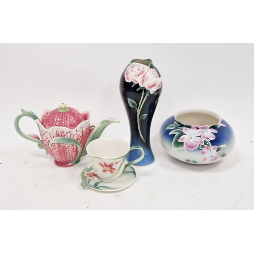 47 - Collection of Franz porcelain including globular flower vase moulded with pink flowersprays, printed... 