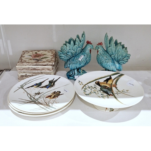 50 - Pair of English majolica turquoise glazed models of 'Japanese Roosters', late 19th century, moulded ... 