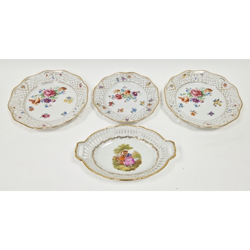 53 - Three 20th century Dresden pierced dessert plates, in sizes and a continental porcelain two-handled ... 