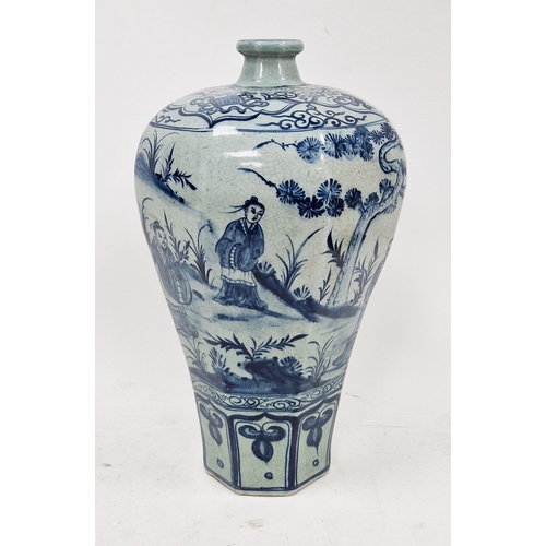 54 - Chinese-style everted baluster vase painted in the Ming-style, decorated in blue and white with figu... 