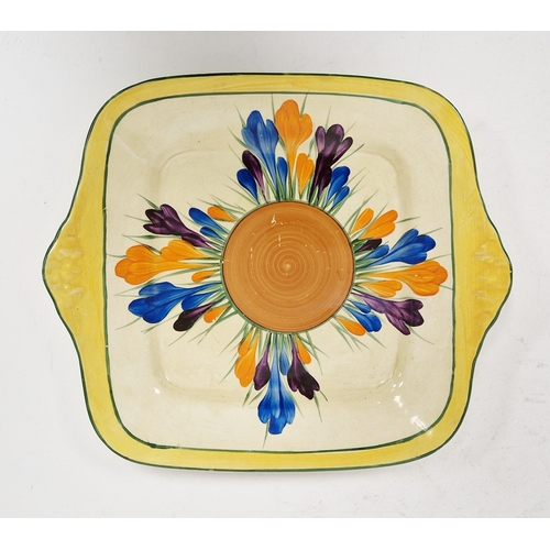 59 - Clarice Cliff plate and dish comprising a Crocus pattern two-handled square dish, printed Bizarre Cl... 