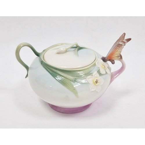 62 - Franz porcelain sugar bowl and cover moulded with flowers with dragonfly handle, printed blue marks,... 