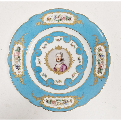 65 - Sevres-style turquoise ground plate, late 19th century, spurious printed Sevres marks S.37 and Chate... 