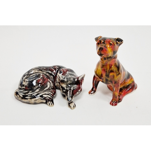 76 - Model of a Staffy dog by Anita Harris, 11cm high and a fox, recumbant, both signed in gilding, print... 