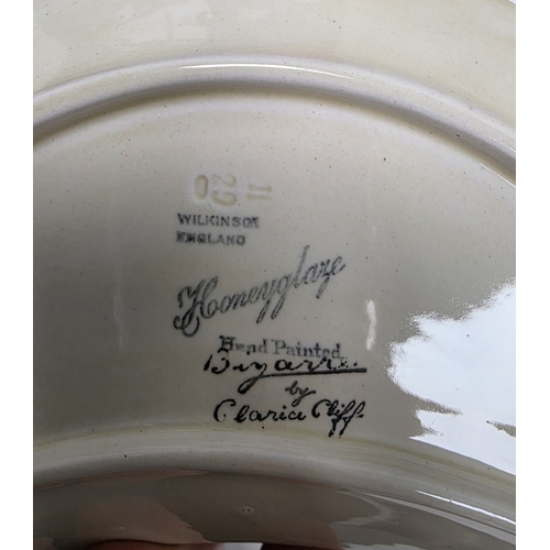 80 - Clarice Cliff Honeyglaze Bizarre Art Deco part dinner service for Wilkinson, printed black marks and... 