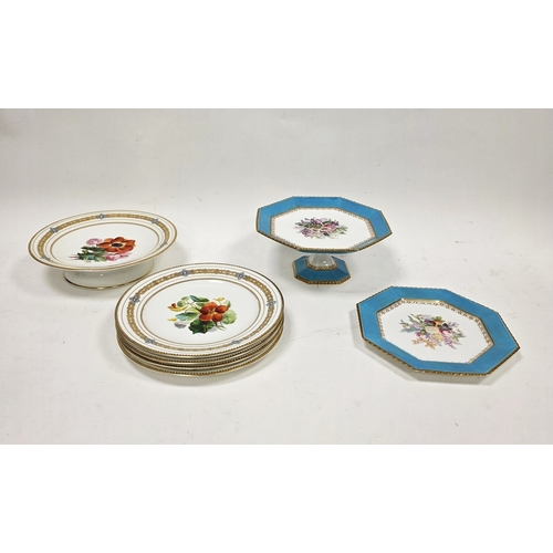 85 - English porcelain botanical dessert service with gilt borders comprising a comport and four plates, ... 
