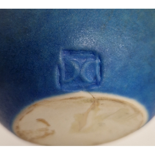 87 - Delan Cookson (1937-2020) studio porcelain blue ground vase, oviform with flared neck, in a bright a... 