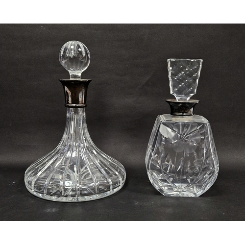 98 - Cut glass ships decanter with silver coller, 28cm high, together with another cut glass, silver coll... 