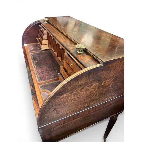 102 - Early Victorian Flame Mahogany Roll-Top Writing Desk with Eight Small and Two Large Drawers, Origina... 