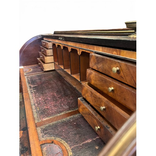 102 - Early Victorian Flame Mahogany Roll-Top Writing Desk with Eight Small and Two Large Drawers, Origina... 