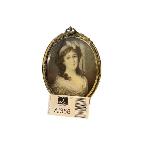 100 - Oval 19th Century Miniature of a Lady by G. Bastel, Wearing a Yellow and Brown Striped Dress with Wh... 