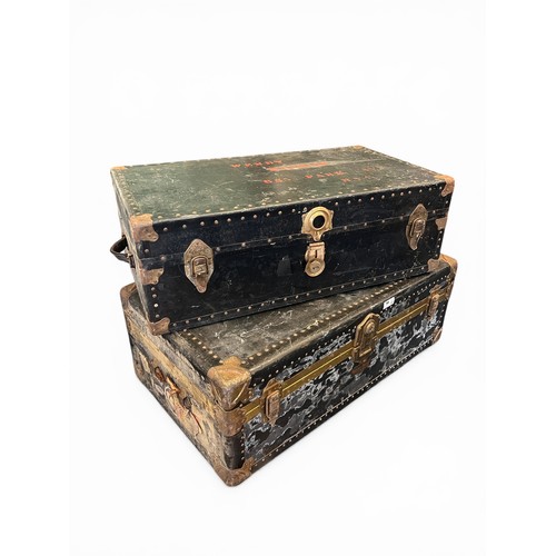 121 - Pair of Vintage Travelling Trunks with Original Travel Stickers - (100 cm x 57 cm x 36 cm) and (92 c... 