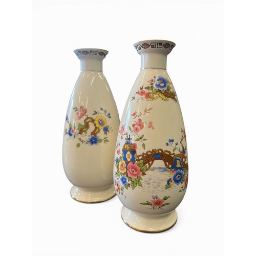 156 - Pair of Devonware Fielding Vases with Printed Floral Decoration - 24 cm x 9 cm