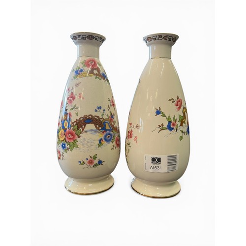 156 - Pair of Devonware Fielding Vases with Printed Floral Decoration - 24 cm x 9 cm