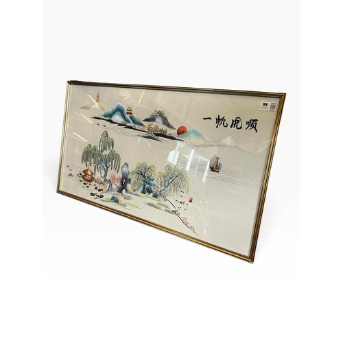 Large Framed Chinese Silk Embroidery Landscape – Pagodas, Willow Trees ...
