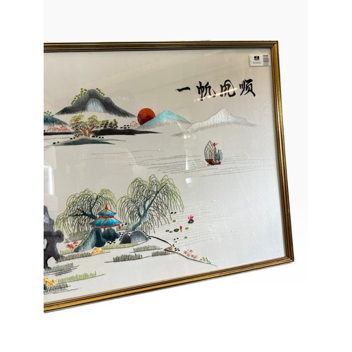 Large Framed Chinese Silk Embroidery Landscape – Pagodas, Willow Trees ...