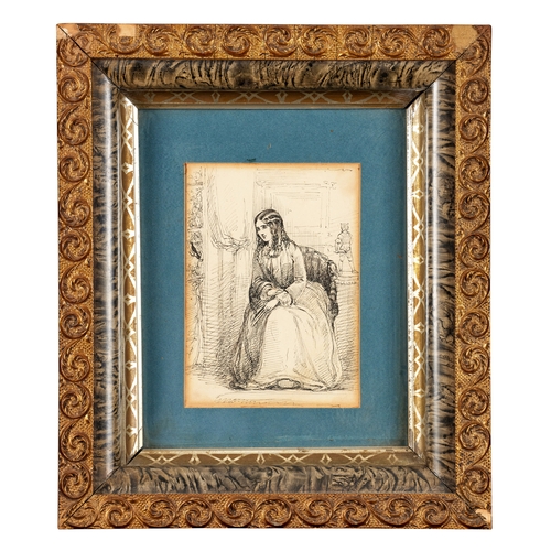 177 - British School, 19th century A young girl seated in an interior Pen and ink on paper Framed and moun... 