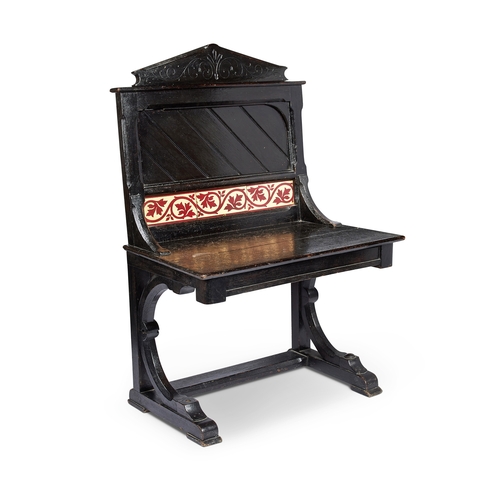 248 - A Victorian Aesthetic Movement ebonised hall seat With scroll carved pediment and panelled back, ins... 