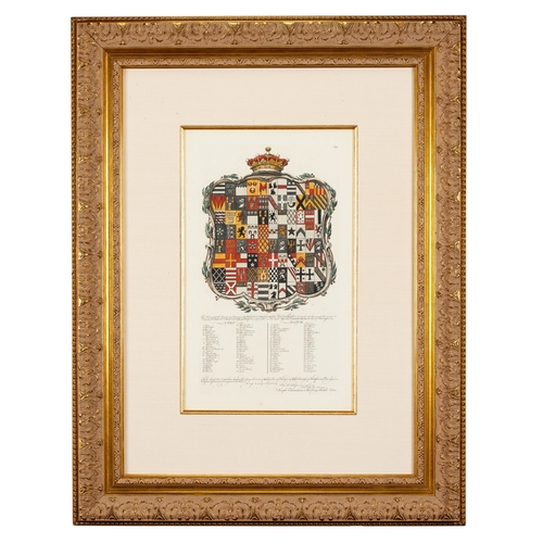 41 - Three framed hand coloured armorial engravings with the arms of Everett Millais, the Earl ... 