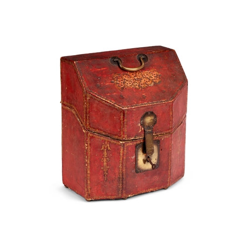 57 - An 18th century French Louis XVI embossed red leather and parcel gilt cutlery box containing gilded ... 