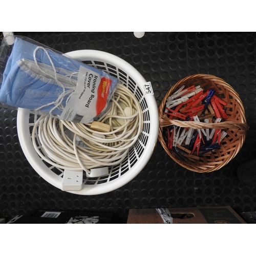 547 - Plastic laundry basket and contents - extension lead, clothes pegs, basket etc