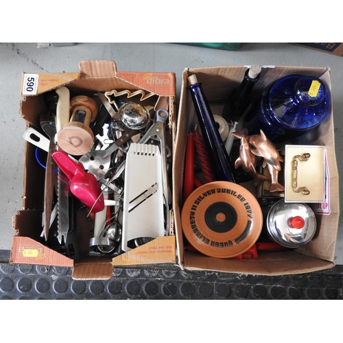 590 - Box of kitchenalia and another box of misc to include ornaments, candles etc