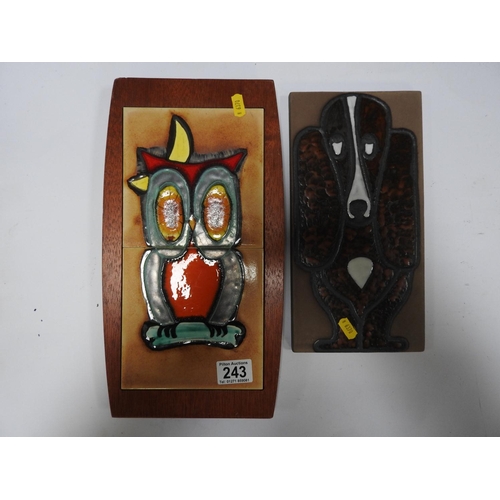 243 - Swedish ceramic tiled dog and a tiled tray - owl