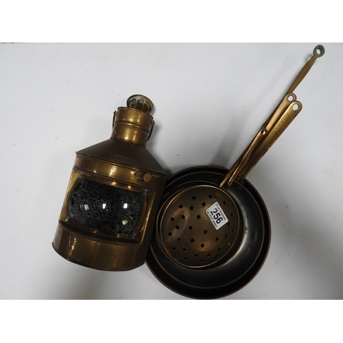 256 - Copper pans, chestnut roaster and old lamp