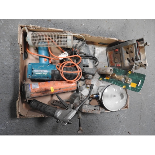 286 - Box of old tools - battery charger, gas lamp etc