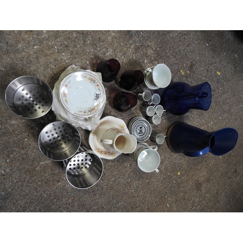 309 - Plastic crate of china, kitchen drainers, jugs etc