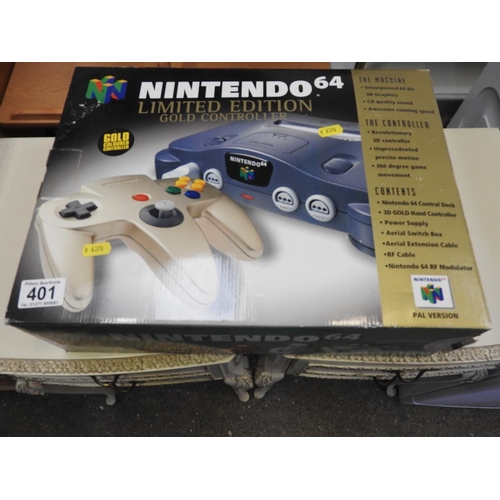 401 - Nintendo 64 limited edition with gold controller in box and games